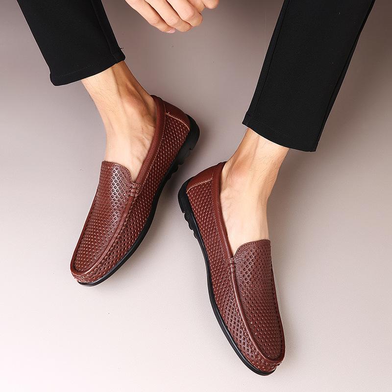 Men's Hollow Leather Slip-On Loafers - Breathable, Summer, Low-Top Flats, Large Size Cowhide Casual Shoes