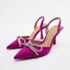 Women Blue Slingback Pumps High Heels Crystal Bowknot Party Dress Shoes Woman Sexy Pointed Toe Stiletto Heel Sandals Summer 2025