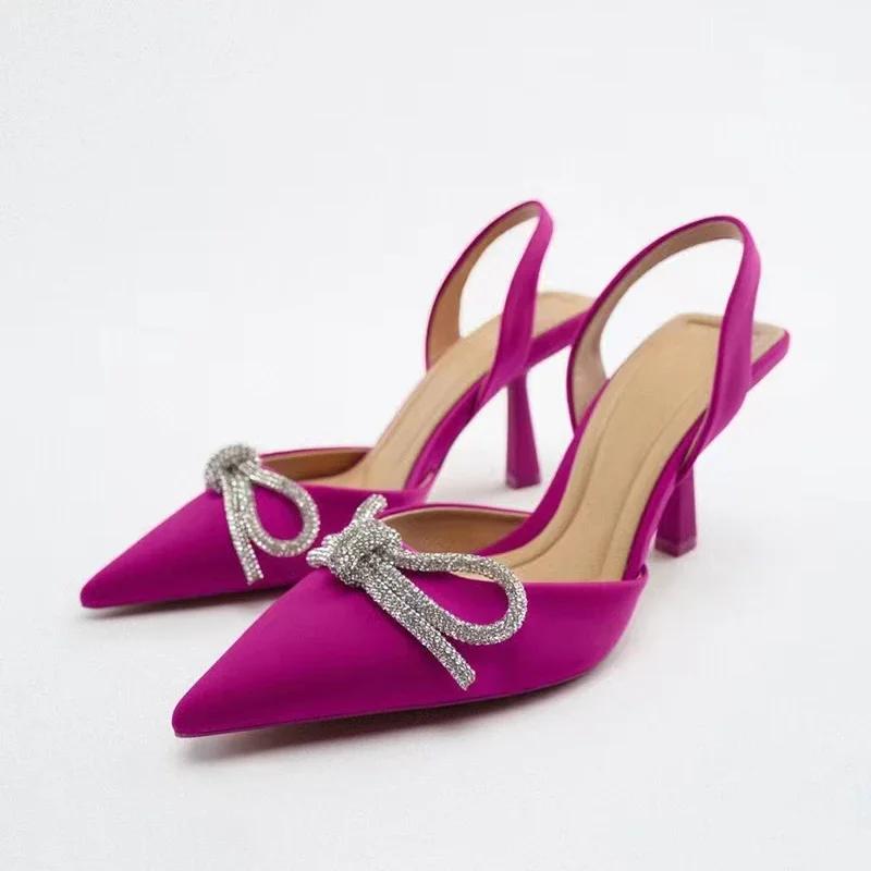Women Blue Slingback Pumps High Heels Crystal Bowknot Party Dress Shoes Woman Sexy Pointed Toe Stiletto Heel Sandals Summer 2025