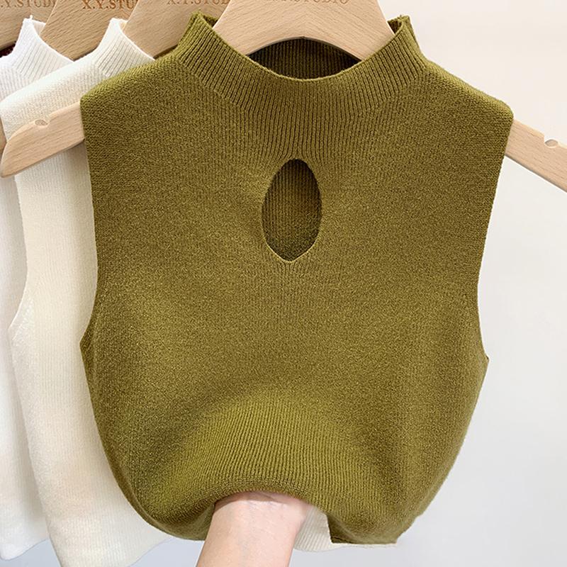 Fashion Half Turtleneck Hollow Out Knitted Tank Top Summer Women Casual Solid Color Sleeveless Vest