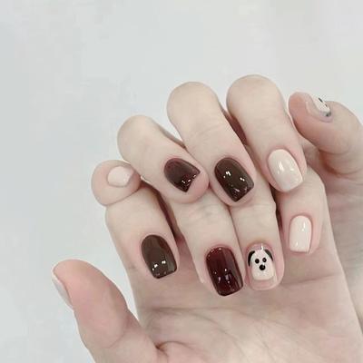 24 Pieces Autumn and Winter Puppy Dog Brown Cute Fun Student Wearing Armor Short Nail Piece Wearing Armor