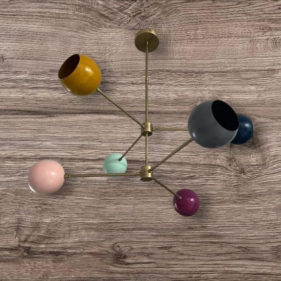Mid-Century Sputnik Chandelier: Colorful Globe Pendant Light, Brass Finish