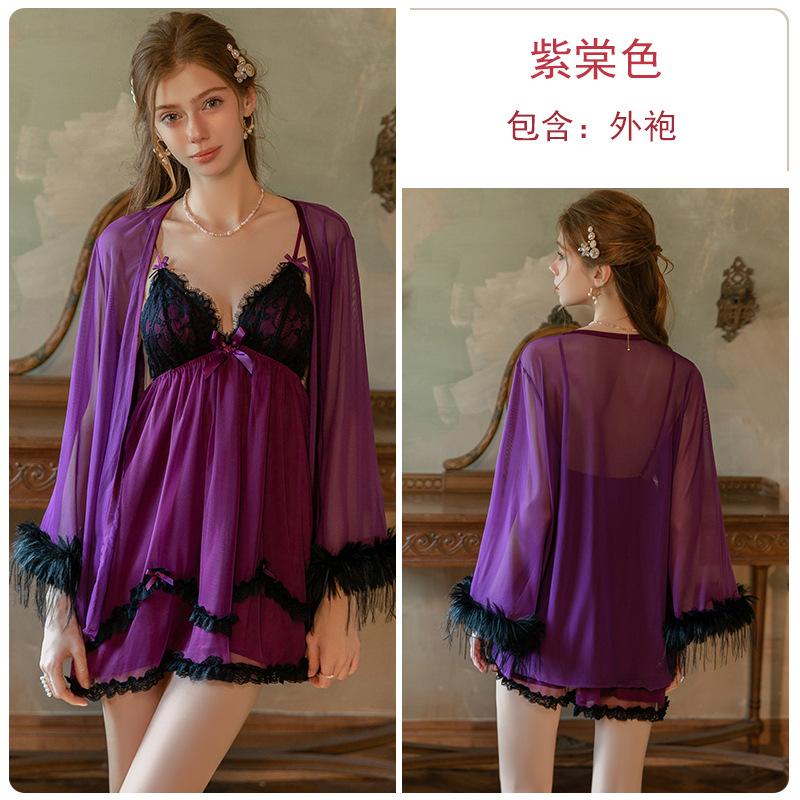 Clear soft yarn lace splicing plus chest pad deep V temptation suspender nightdress robe loungewear set