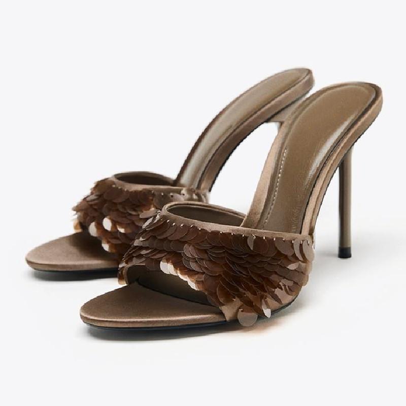 Bling Decorative Brand Designer Women's Slippers Sexy Peep Toe Slide Sandals Elegant Brown Thin High Heels Summer Party Shoes