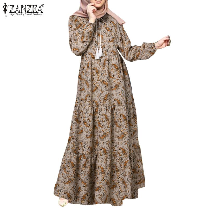 

ZANZEA Женское повседневное платье с круглым вырезом и длинным рукавом в стиле ретро с принтом