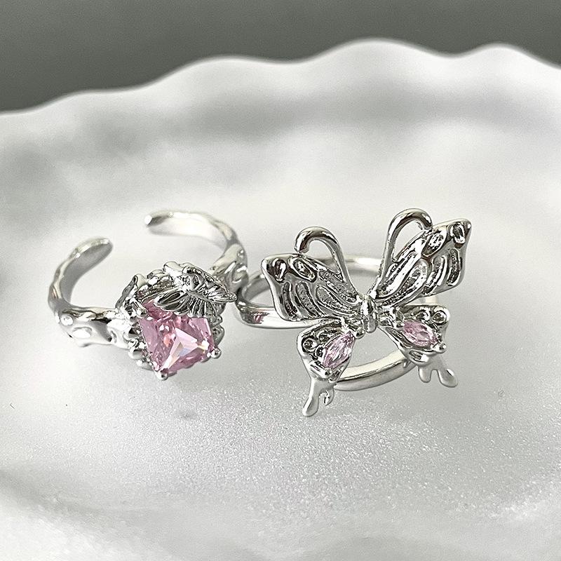 Butterfly Pink Zircon Niche Design Open Ring Set, Personalized Light Luxury High-End French Pleated Index Finger Ring