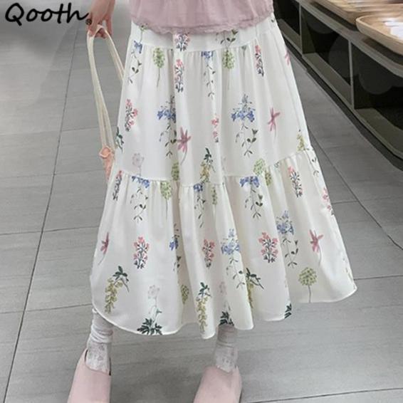 Qooth Elegant Women A-line Floral Ruffle Skirt Wide Hem Mid Length Casual Sweet Skirt QT2622