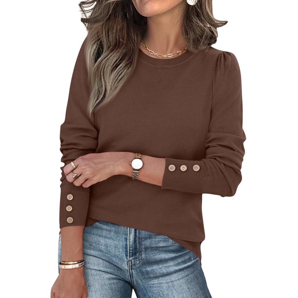 Womens Fashion Long Sleeve Button Cuff Soft Knit Pullover Trendy Tops Solid Color