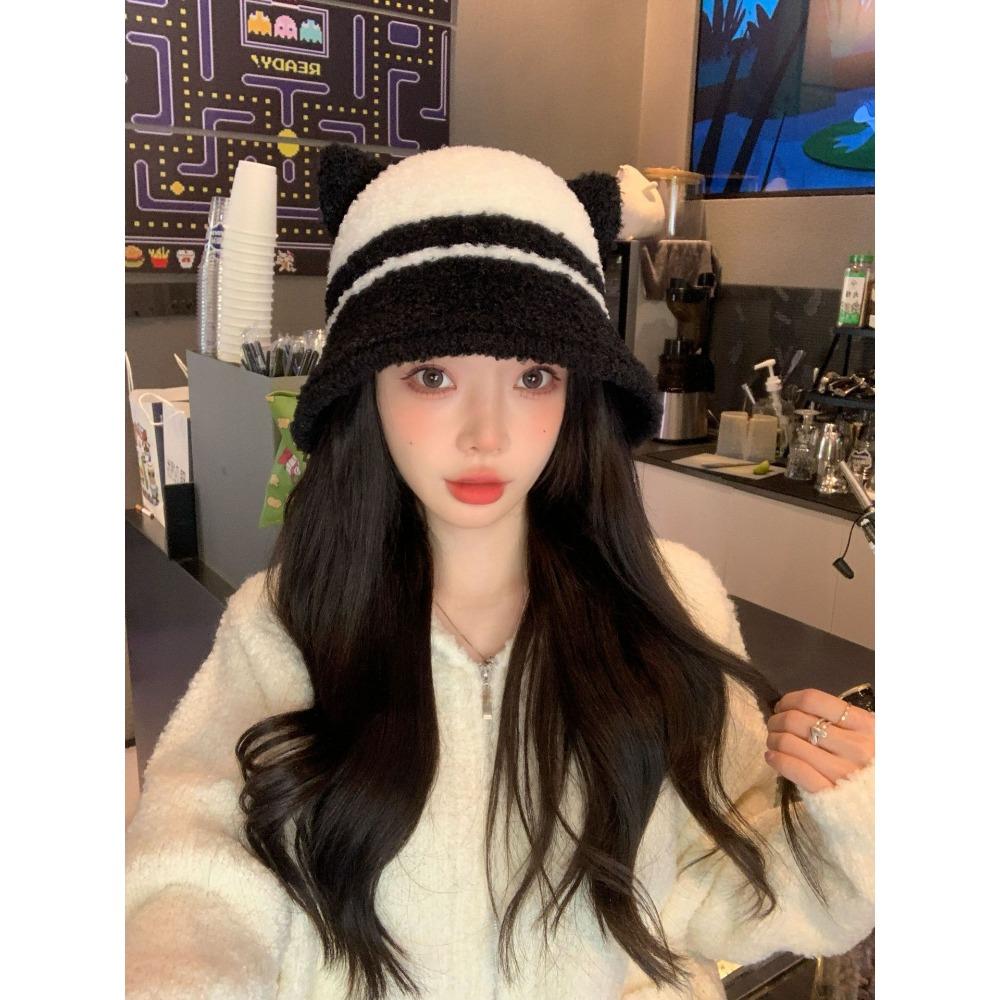 Hat Female Cute Bear Two-color Splicing Bucket Hat Winter Warm Show Washbasin Hat Thick