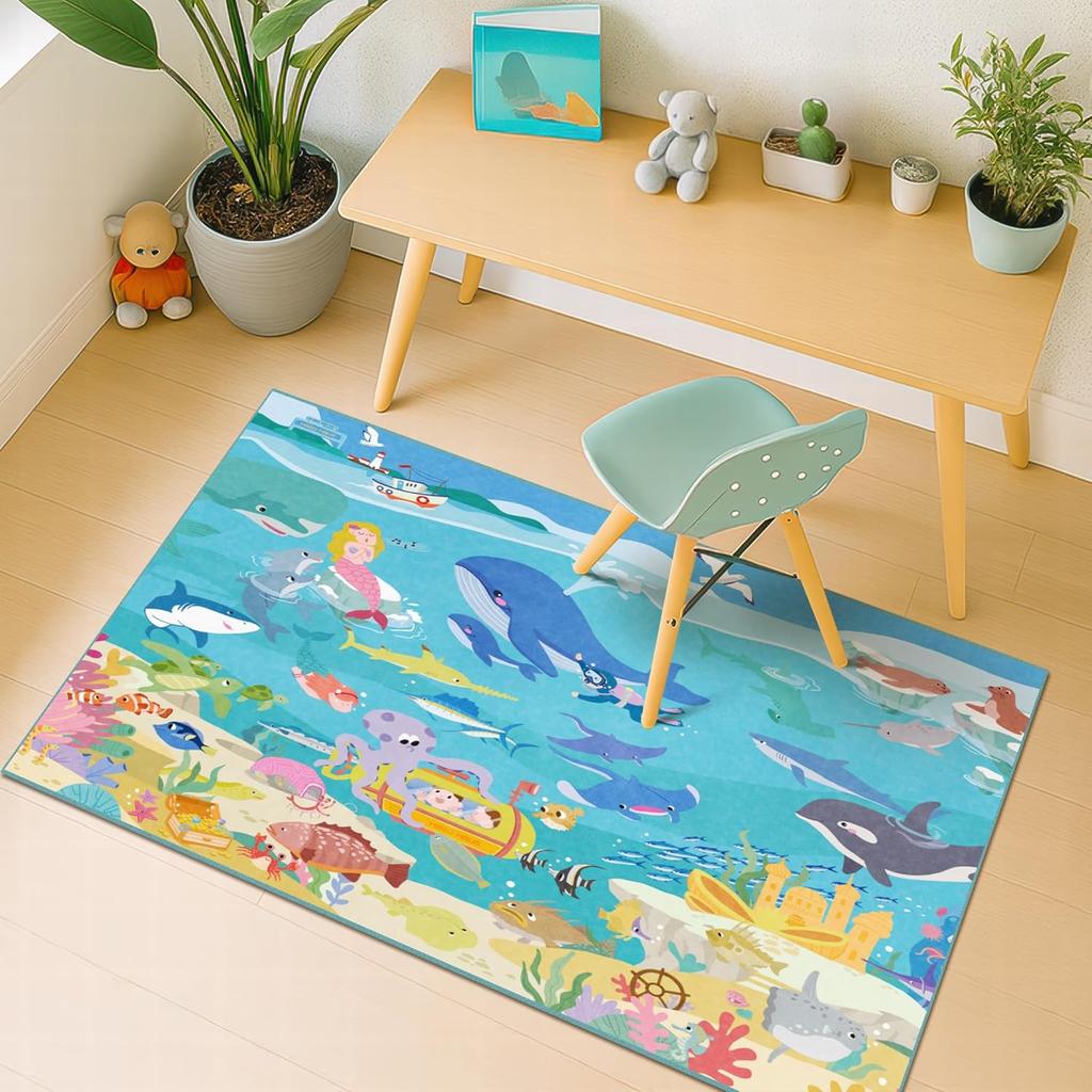 Colorful Underwater World Rug for Kids Room Featuring Whales Dolphins Octopus and Treasure