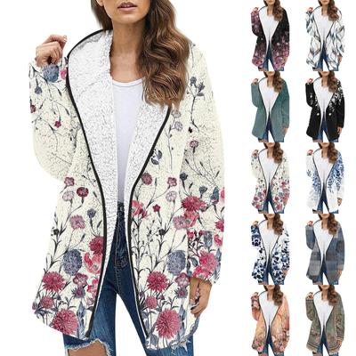 Damenmode Winter Plüsch Blumendruck Langarmjacke