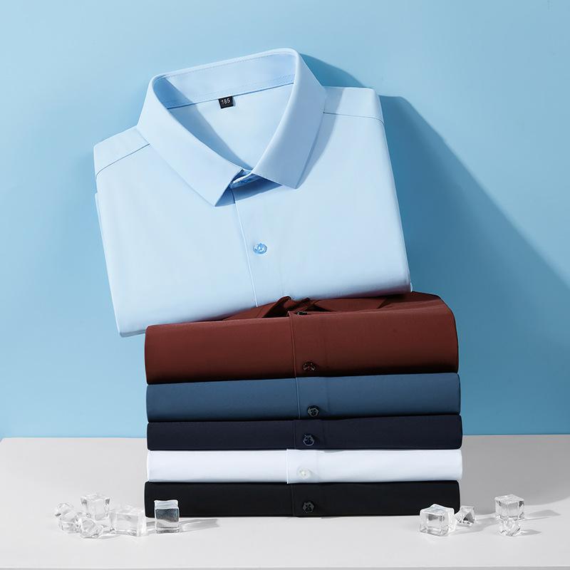 Fat Guy Plus Size Men's Summer New Short-sleeved Shirt, Fat Guy Plus Fat Plus Solid Color Elastic Ice Silk Casual Shirt