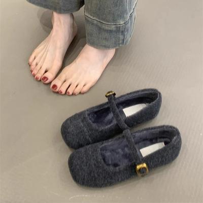 Gentle Fairy Mary Jane Shoes Female 2024 New French Temperament Elegant Woolen Square Head Shallow Mouth Velvet Evening Shoes