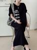 Plus Size Women's Korean Style Short Sleeve T-Shirt Dress Summer Loose Letter Printing Long DressesSS