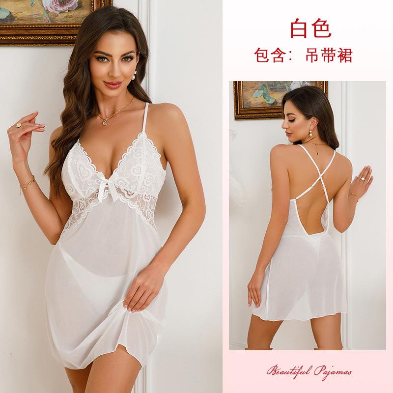 Multi-Style Sexy Lace Mesh Nightgown Deep V High Slit Print Cami Pajamas Women's Loungewear Versatile Seductive Sleepwear Collection with Diverse