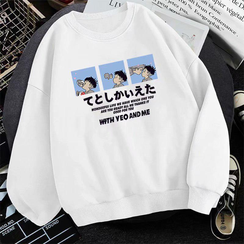 Men's Trendy Loose-Fit Hoodless Sweatshirt - Hong Kong Style, Fleece-Lined, Spring & Autumn, Round Neck, Couple's Pullover.