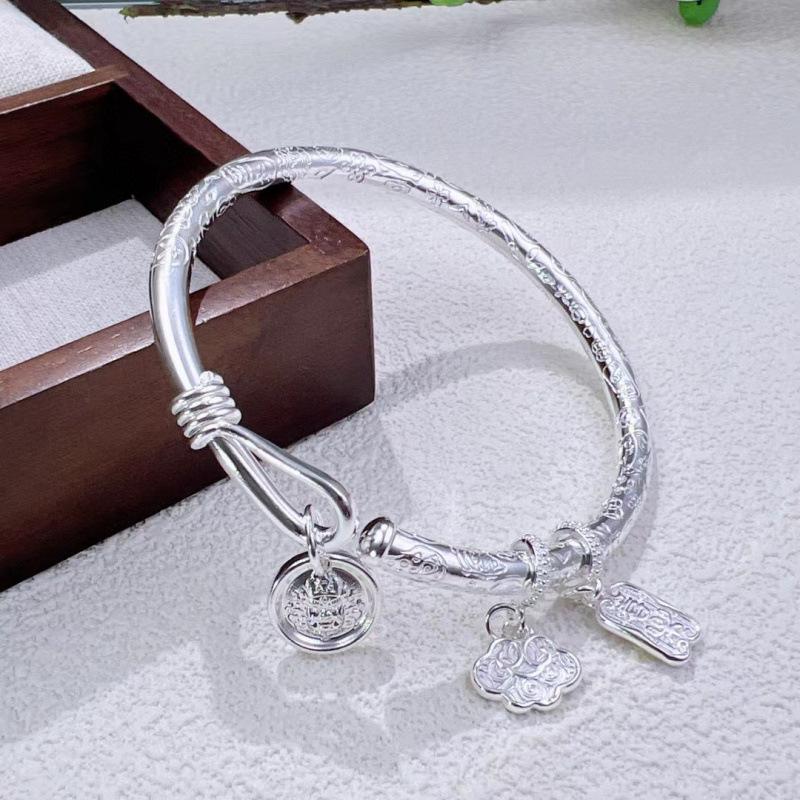 Retro round stick, auspicious, fashionable and versatile, Ruyi Ping An Huang Caishen, new Chinese-style tag, curling tail opening bracelet gift