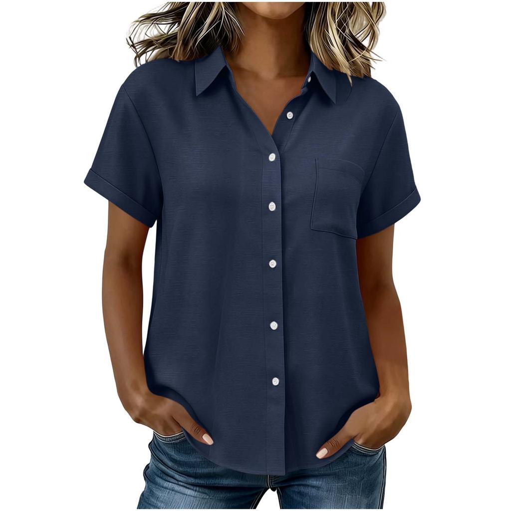 Women's Casual Short Sleeve Button Down Shirt Relaxed Fit Lightweight Blouse with Collar and Front Pocket for Everyday Wear