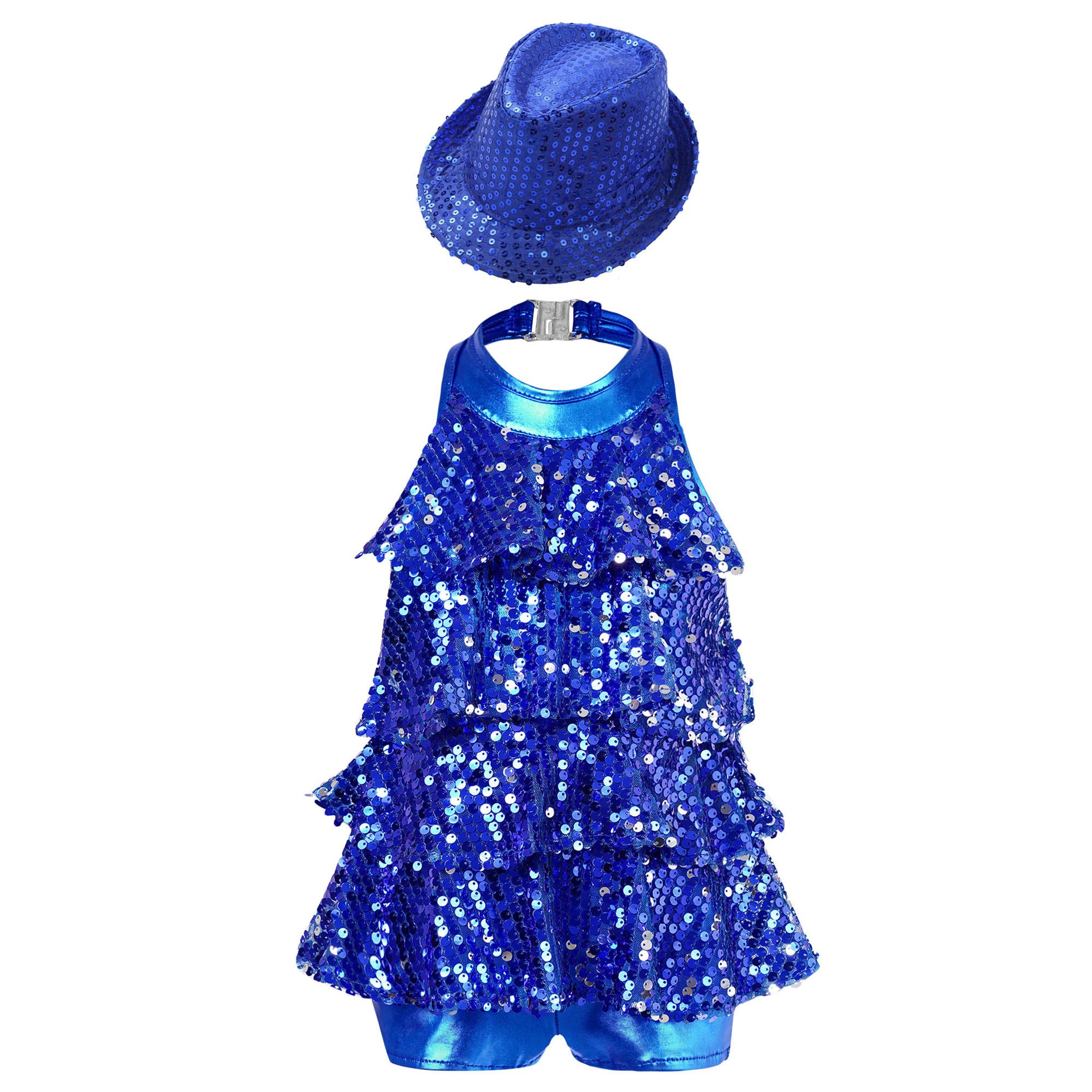 

Girls Latin Dance Leotard Halter Neck Backless Design Sparkling Sequins Ruffled Details Matching Hat Accessory 13-14 Years королівський синій колір