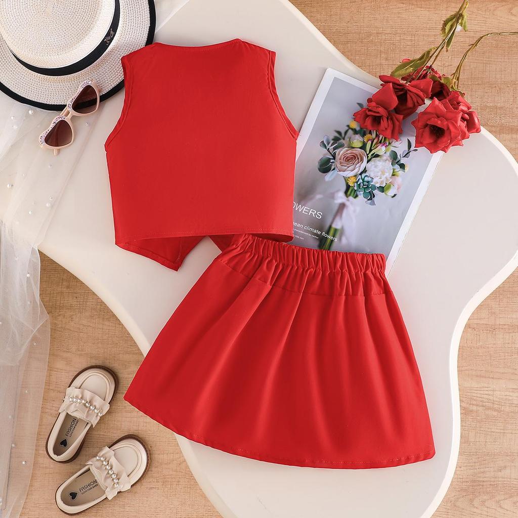 2PCS Girls Flower Applique Sleeveless Vest & Pleated Skirt Set, Button-Down Two-Piece Outfit