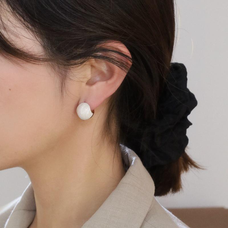 3D White Enamel Ball Earrings: Korean Style, High-End Feel, Niche Design for Women.