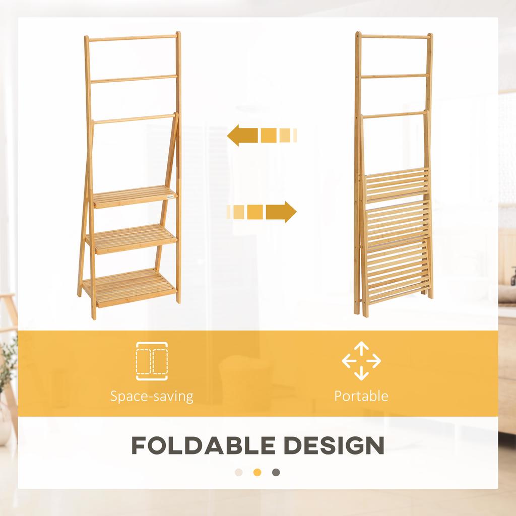 Freestanding Natural Bamboo Towel Rack with 3 Towel Rails and 3 Storage Shelves, Space-Saving Foldable Towel Holder for Bathroom