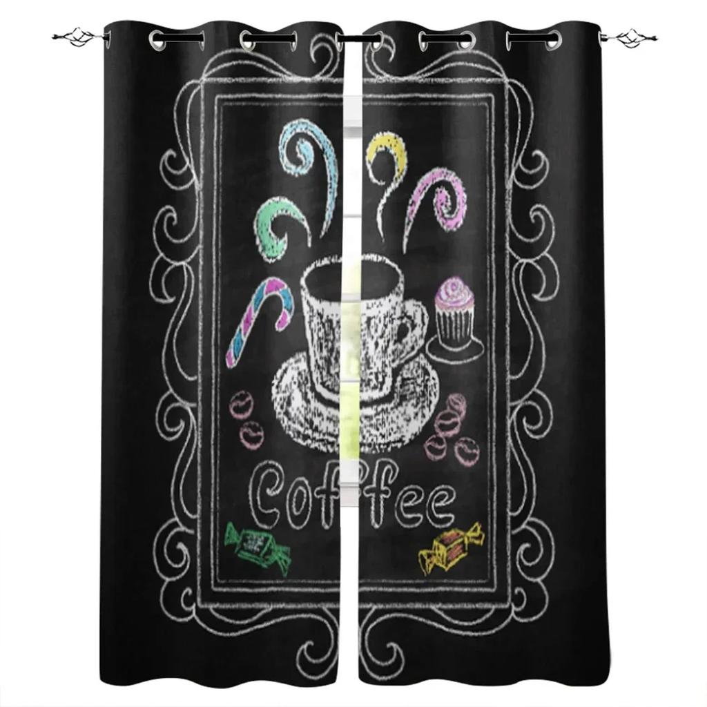 2panels Coffee Text Graffiti Black Background KitchenWindow Curtain for Living Room Bedroom Home Decor Kitchen for Window Drapes for daily use