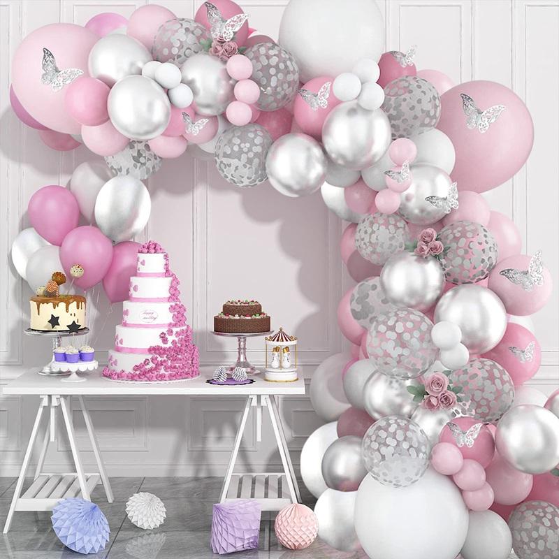 98pcs Pink Silver Butterfly Balloon Garland Arch Kit Birthday Party Decoration Kids Wedding Decor Baby Shower Girl Latex Baloon