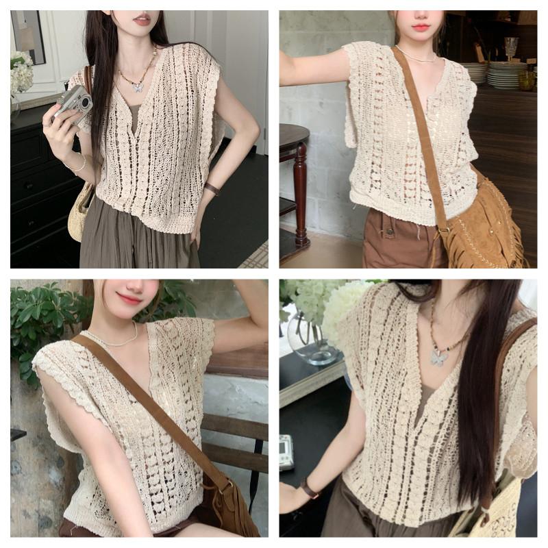 No Inner Wearness Lightweight Hollow Crochet Knit Vest Women's Sleeveless Summer Top Casual Short Layered Outerwear