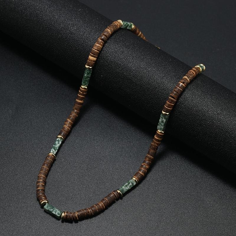Retro Necklace Creative Trendy Neck Jewelry Made From Brown Coconut Shell Wood Beads And Natural Stone Pendant