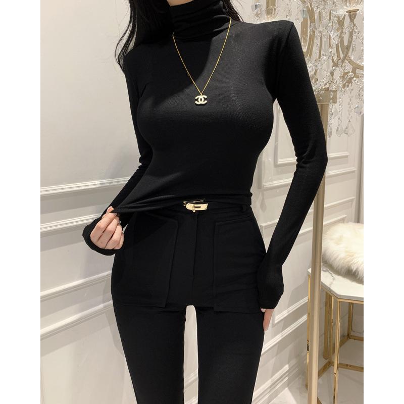 

Korean Women s Winter 2023 Slim Fit Solid Color High Neck Long Sleeve Casual Short Top One Size чёрный