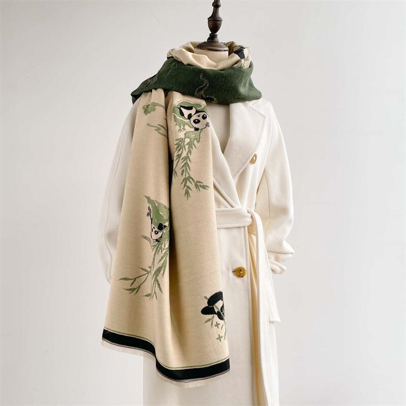 New panda fashion scarf winter thick shawl with women's imitation cashmere jacquard fringed warm scarf