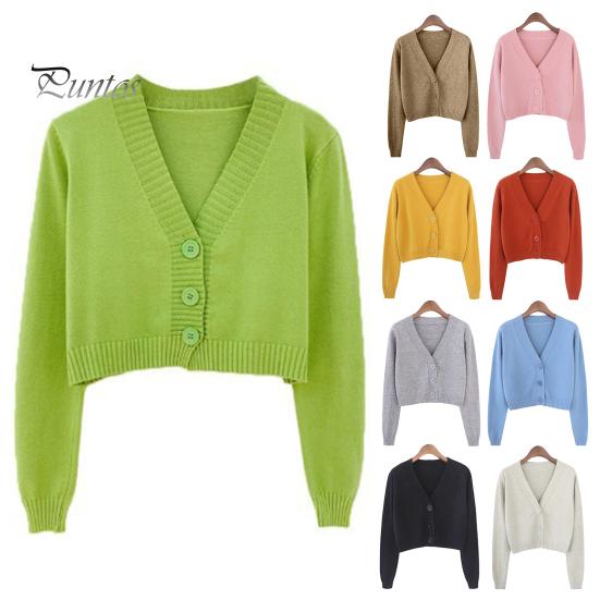 Women Spring Sweater Coat V Neck Long Sleeves Solid Color Single-breasted Cardigan Lady Thermal One Size Knitted Cropped Female Clothes
