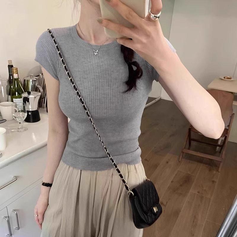Dopamine Yellow Knit Ice Silk Short Sleeve Tshirt For Summer Casual Wear