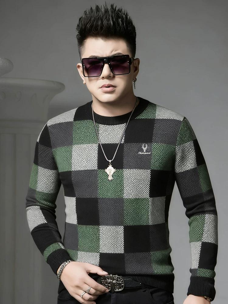 

European Station 2025 Autumn/Winter New Round Neck Sweater Men s Plaid Print Knitted Base Shirt Long Sleeve Knitwear 5XL чёрный