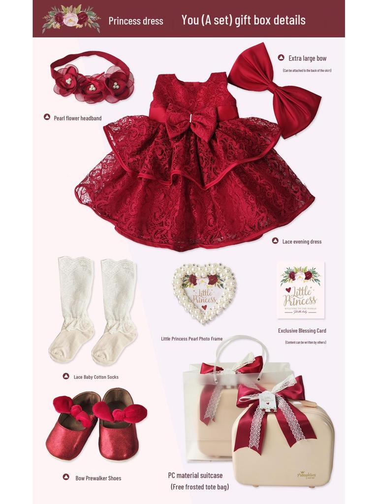 Baby Girl Red Lace Rose Dress - First Birthday Princess Outfit with Gift Box