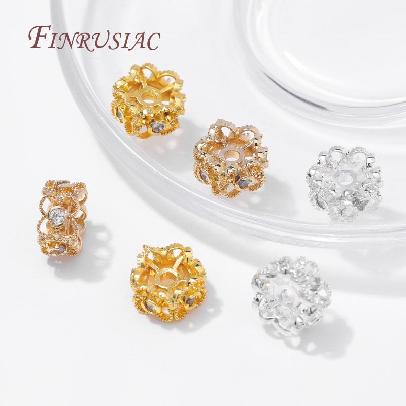 2/4/6pcs 18K Gold Plated Round Flower Beads with Zircon,Metal Separator Beads,Decorative Beads DIY Bracelets Jewelry Accessories