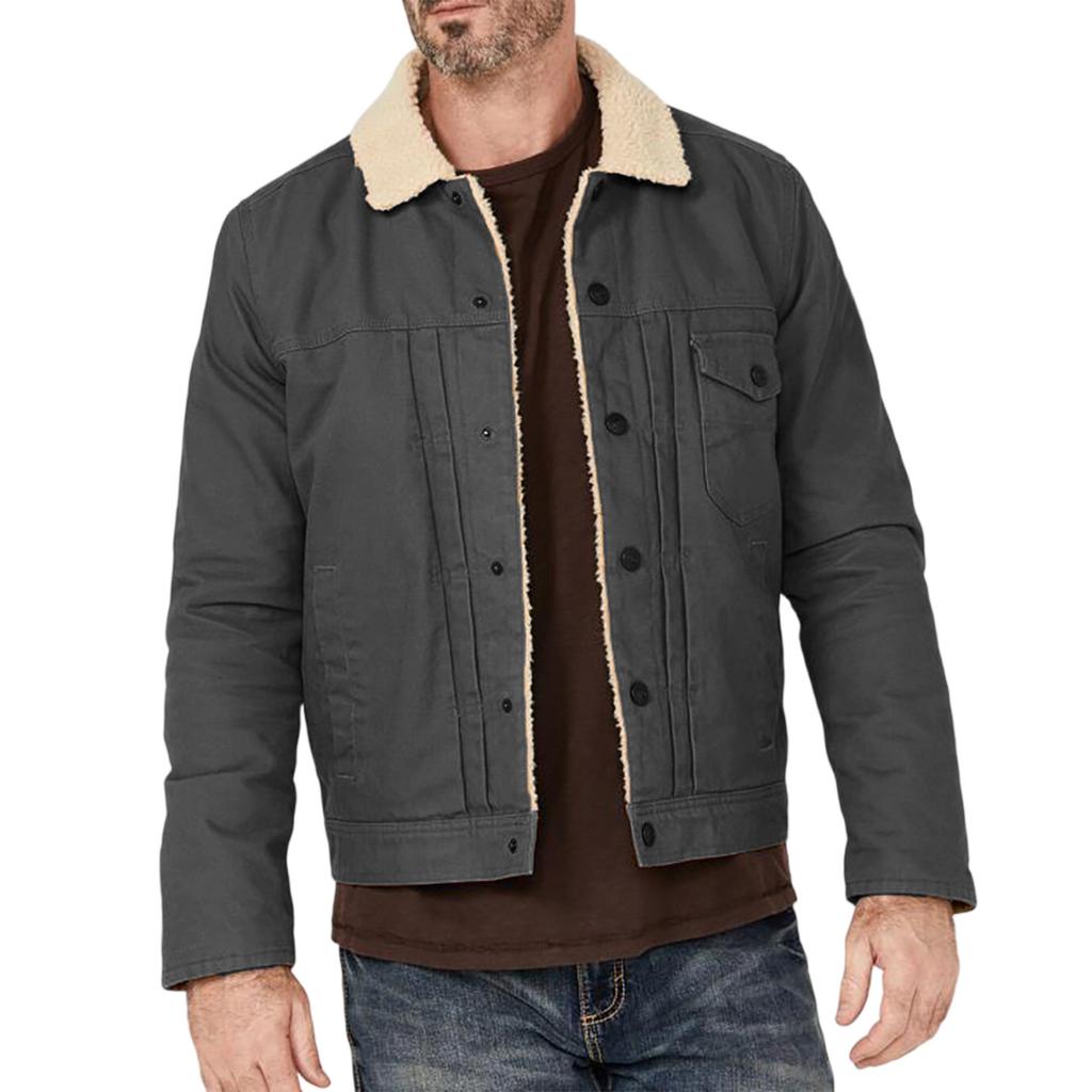 Men's Solid Color Button Pocket Work Jacket Men's Casual Plush Coat