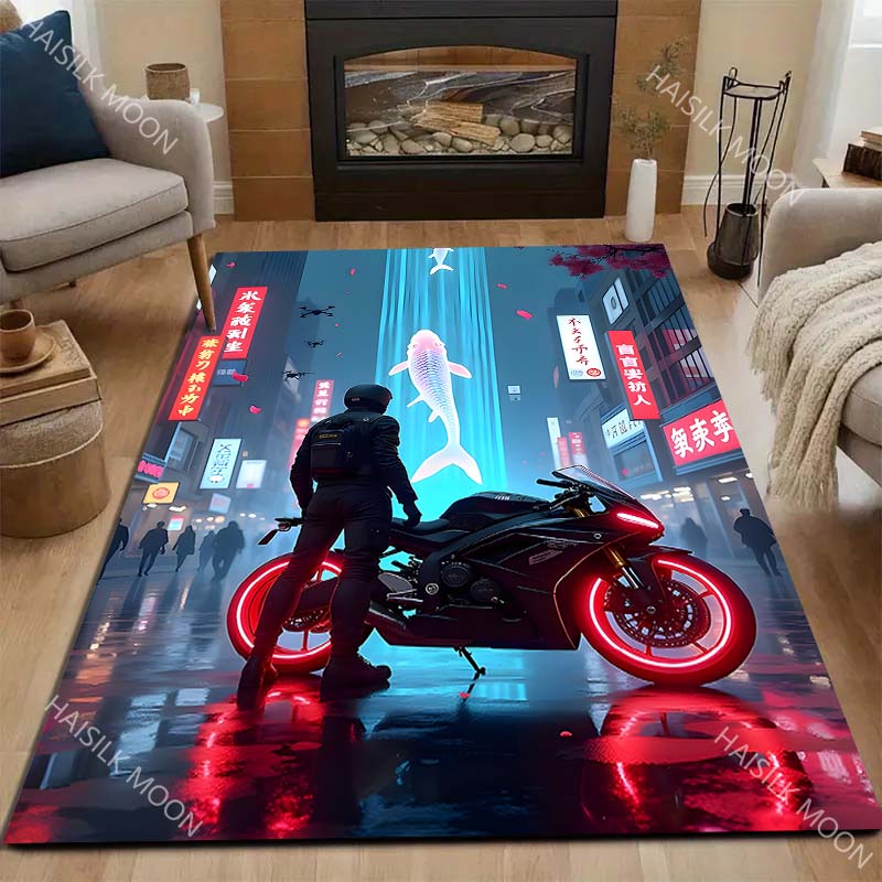 1PC Night Rider, Motorcycle Red Glow Carpet for Living Room Bedroom Sofa Home Decor Rus Non-slip Floor Mat Luxury Gift