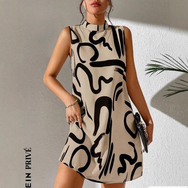 Women's High Neck Sleeveless Abstract Print Loose Fit Mid Waist Casual Mini Dress A Line Dress