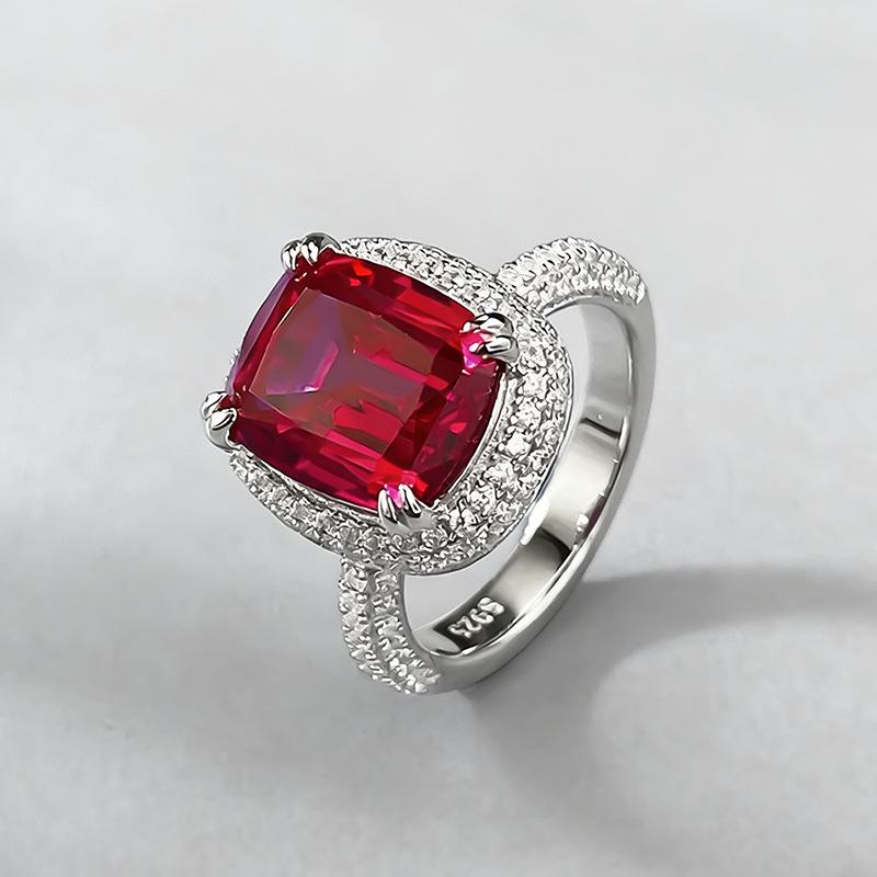 Xian Can Jewelry S925 Silver 9x11mm Pigeon Blood Red Pave Ring, European & American Style, Xiaohongshu Live.