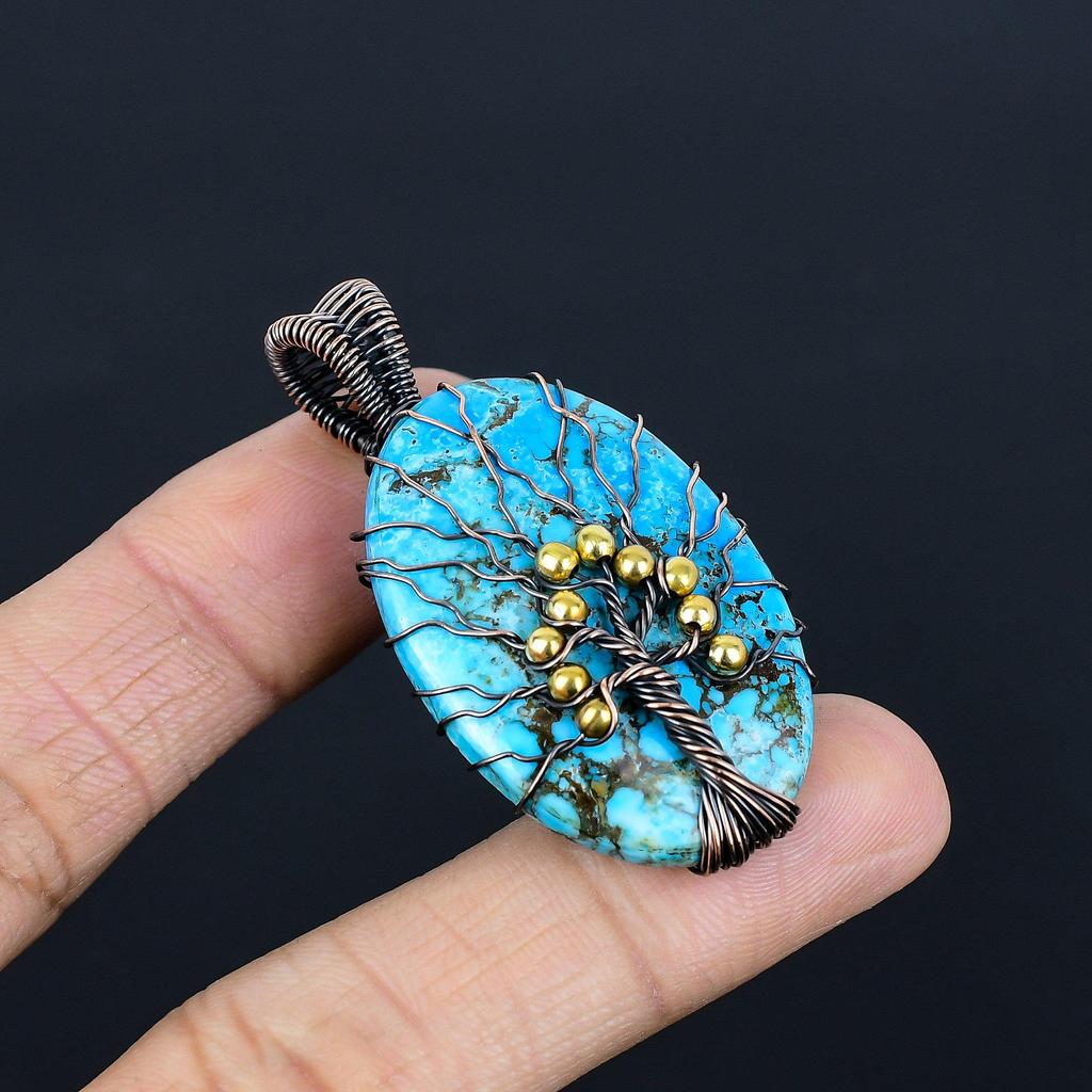 Tree Of Life Blue Turquoise Handmade Gemstone Pendant, 999 Copper Wire Wrapped Antique Jewelry Pendant, For Engagement Gift
