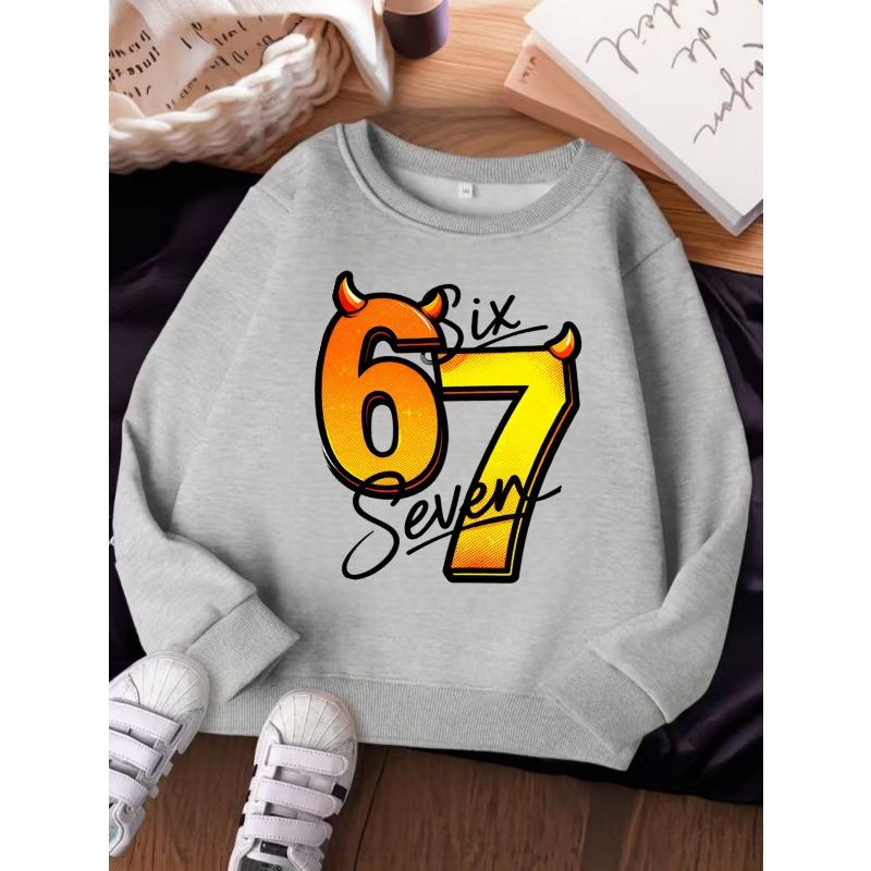 Kids Unisex Crewneck Sweatshirt, Cartoon Devil Horn 67 Six Seven Print Long Sleeve Pullover, Soft Casual Sweatshirt for Boys Girls Over 4 Years Old