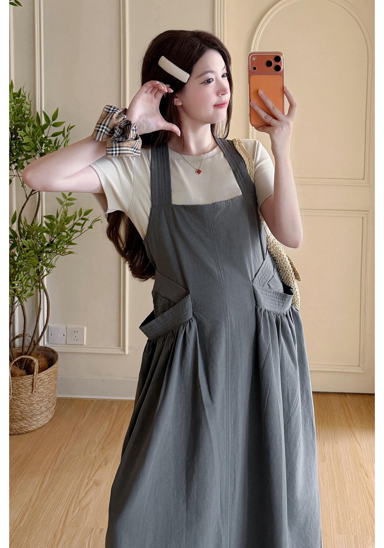 2026 Maternity Gray-Green Sleeveless Halter Dress & Short-Sleeve T-Shirt Set L