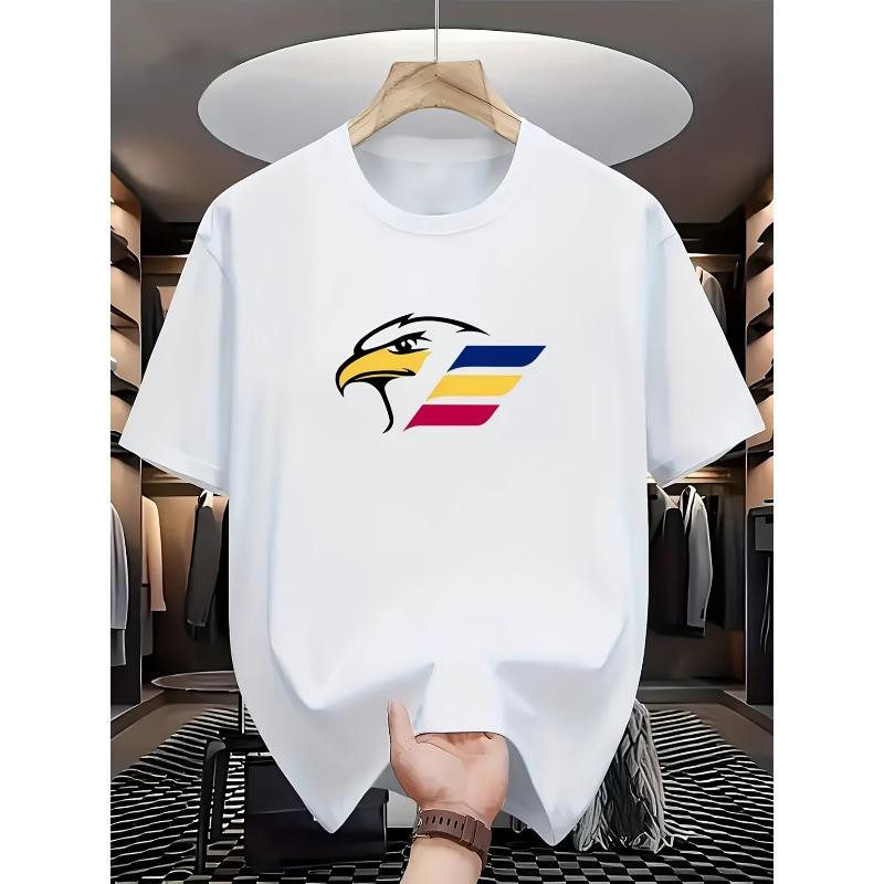 Dynamic American Style: White Casual Short Sleeve T-Shirt with Eagle Head and Blue, Yellow, Red Stripe Pattern Print S белый