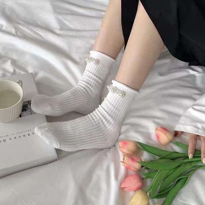 Pearls Crew Socks Sweet Roll Cuffs Ankle Dress Socks Japanese Cute Calf Socks