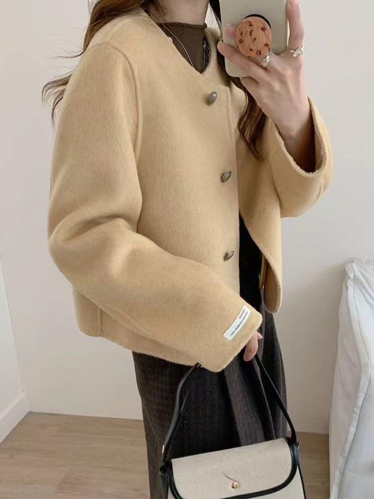 2025 Women's Elegant Korean Double-Sided Cashmere Coat, Round Neck Woolen Jacket, Versatile Short Design