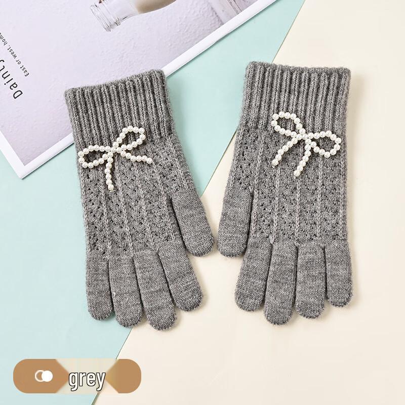 Women's Winter Knitted Touchscreen Gloves with Bow & Pearl