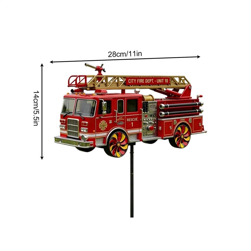 Feuerwehrwagen Bodenspinner Wetterfest Dekorative Wetterfahne Metall Windmühlen Kunstdekoration mit Erdspieß für Garten Hof