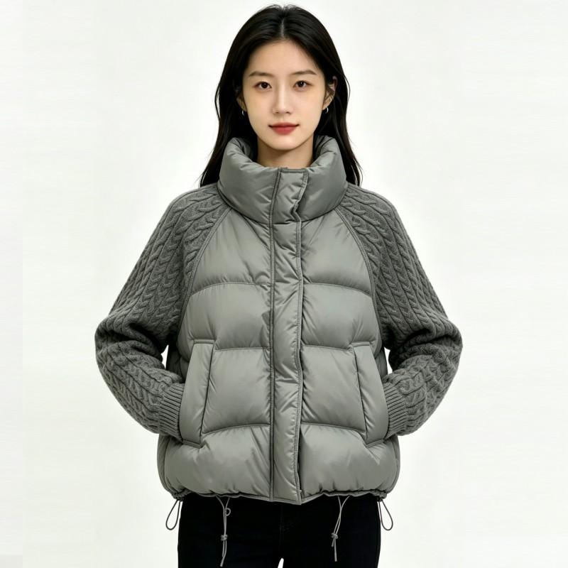 Womens Short Stand Collar Knit Panel Puffer Jacket Winter Warm Loose Cotton Coat